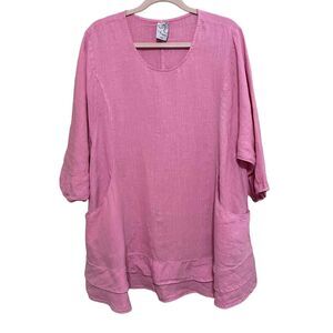 La Fix Sun 100% Linen V Neck Tunic Top Womens Small Pink Pockets 3/4 Sleeve